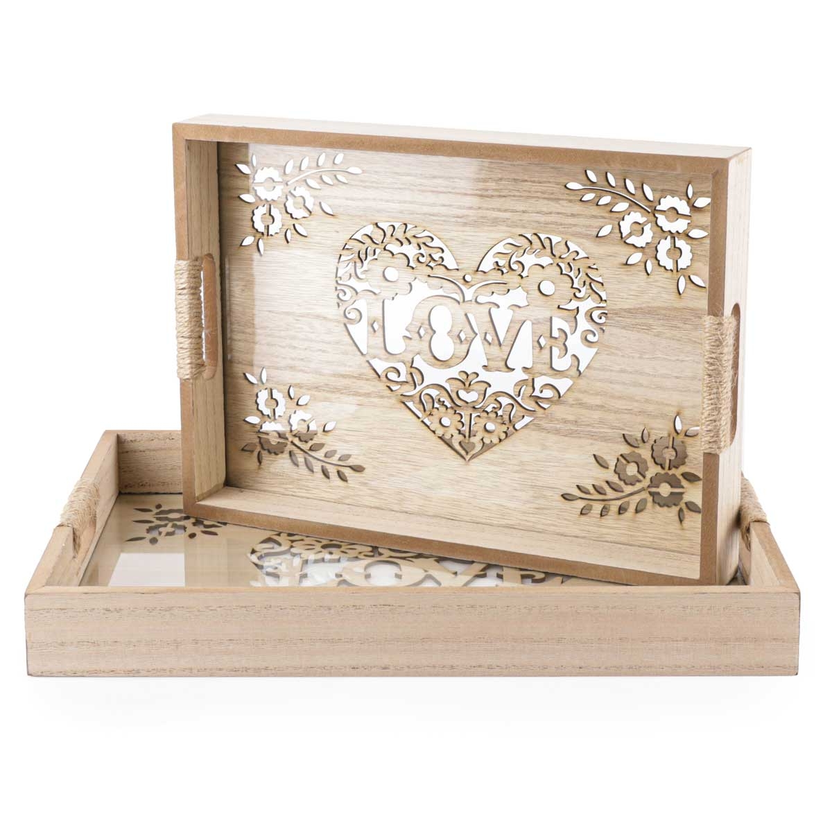 Slide  #5 Série de 2 plateaux en bois avec fond en plexiglass- rectangulaire