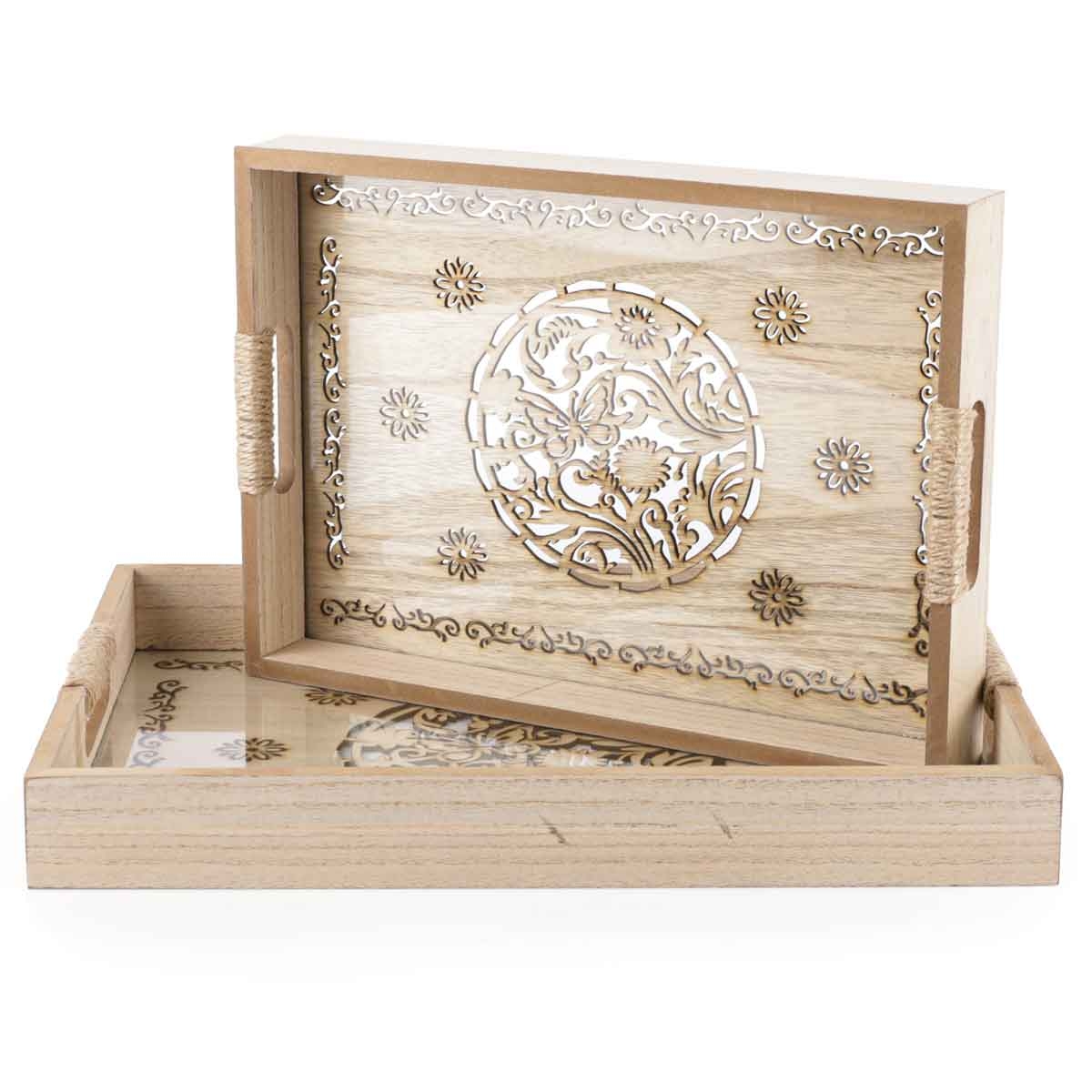 Slide  #4 Série de 2 plateaux en bois avec fond en plexiglass- rectangulaire