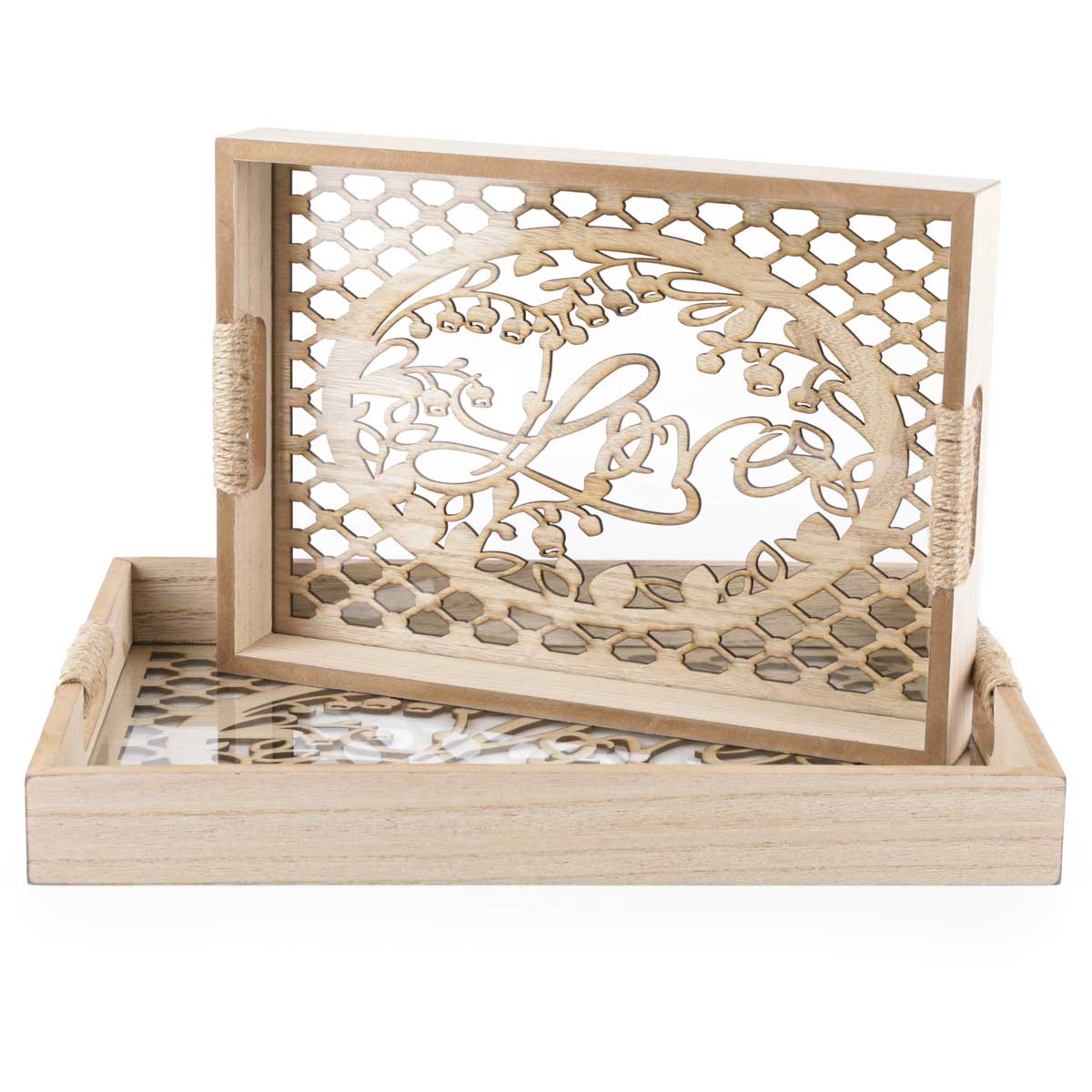 Slide  #3 Série de 2 plateaux en bois avec fond en plexiglass- rectangulaire