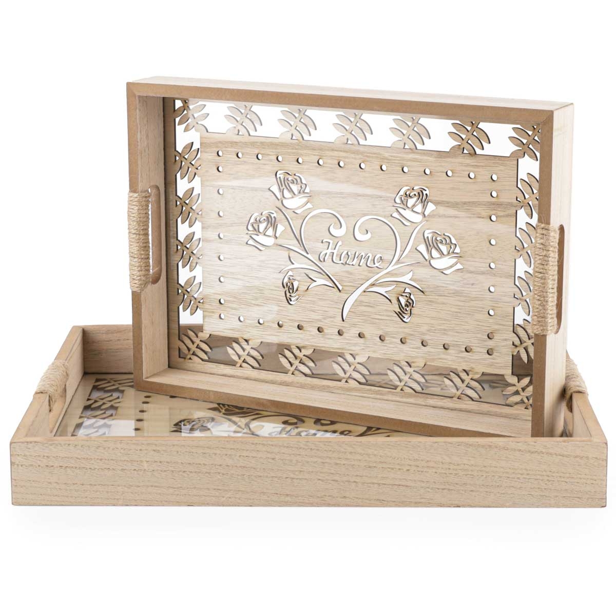 Slide  #2 Série de 2 plateaux en bois avec fond en plexiglass- rectangulaire