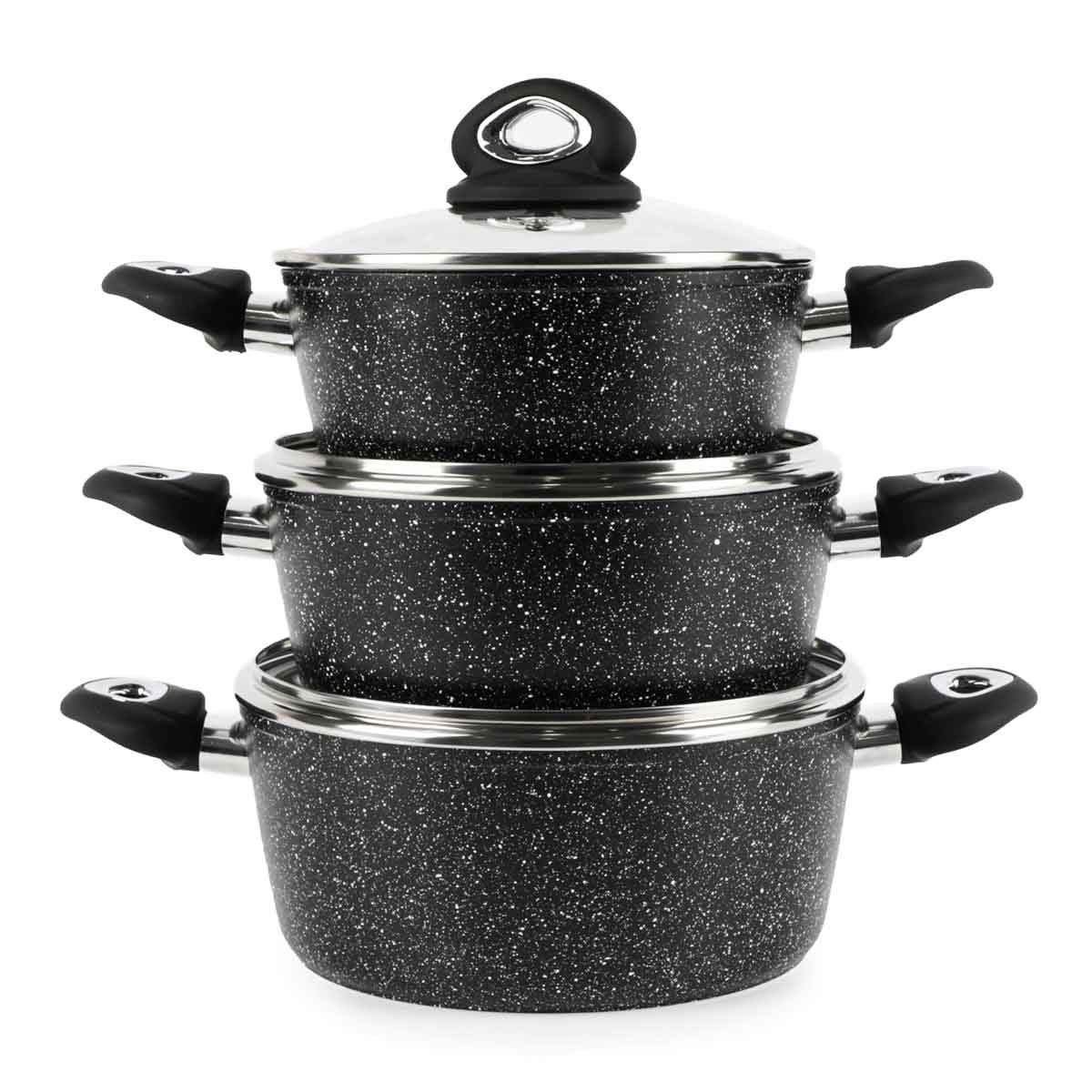 Série 3 Casseroles en granite avec couvercles en Verre - Noir image 0